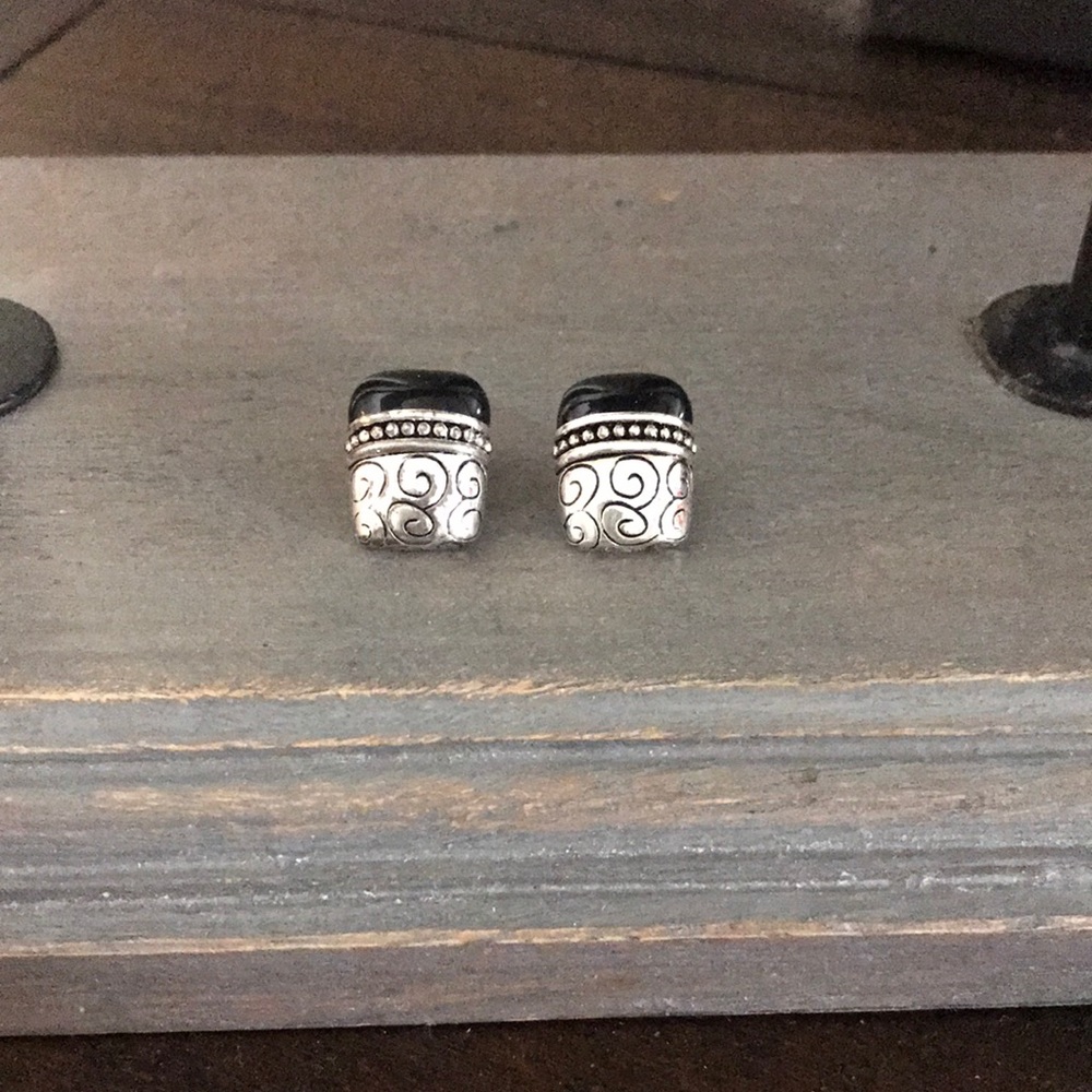 Black/Navy and Silver Post Back Earrings